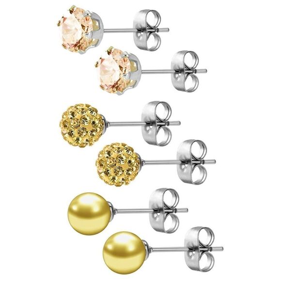 Champagne Topaz Cubic Zirconia and Pearl 316L Post Back Stud 3 Pair Earrings Set - Picture 2 of 5
